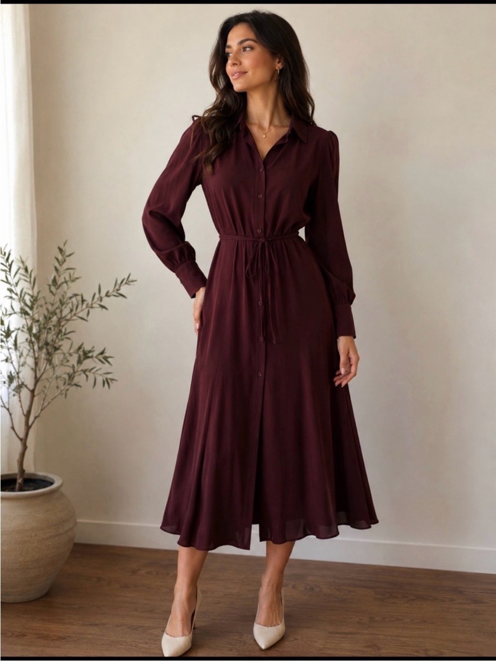 LOFT Long-Sleeve Button-Front Midi Dress in Wine